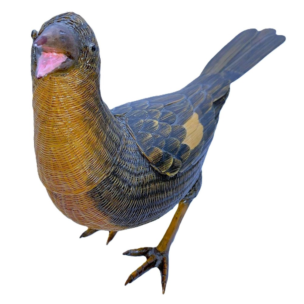 Vintage Chinese Bird Trinket Box Handcrafted Wicker Bamboo Estate Prize 9" x 13"